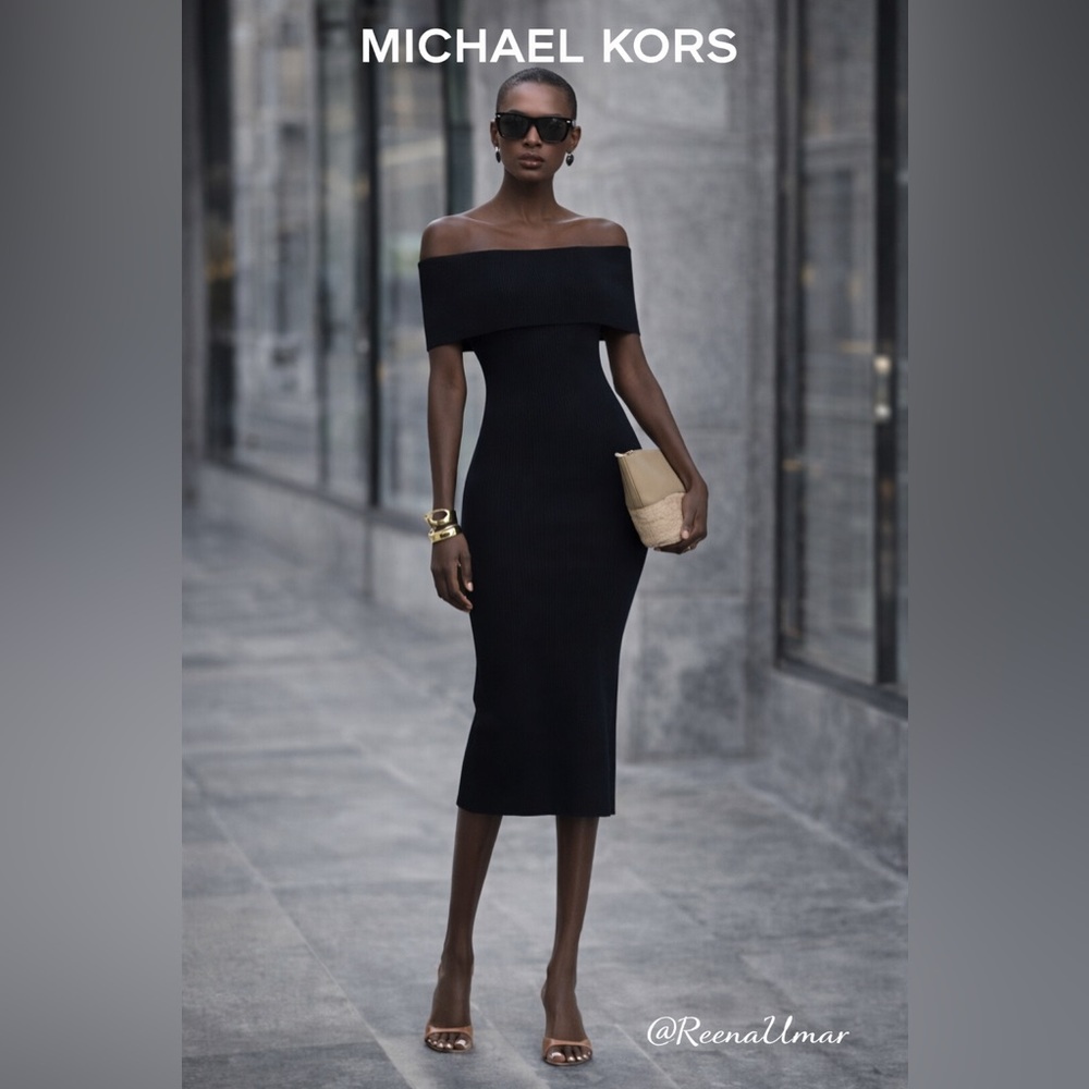 Michael Kors Off-Shoulder Knit Sheath Dress – Navy | Size 2 | NWT